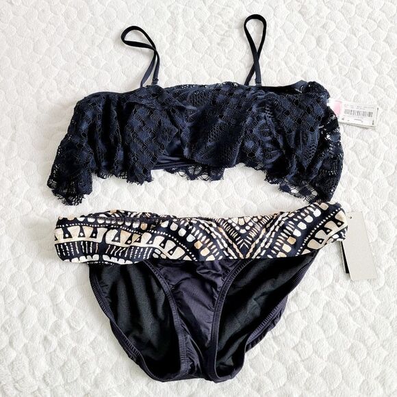 New Kenneth Cole Reaction bikini swimsuit bathingsuit large black flounce lace - Picture 1 of 8